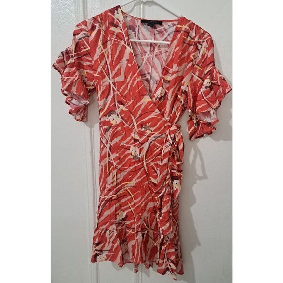 Allsaints Womens Xsmall Marlow Kazuno Wrap Tie Mini Dress Ruffle coral Red - Picture 1 of 9